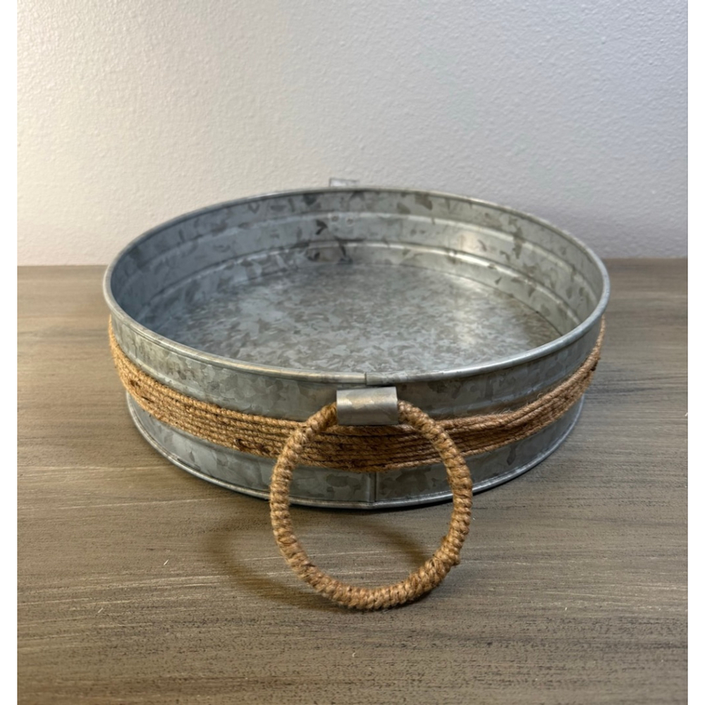 Farmhouse Galvanized Metal Tray 12” Round Rope Handle Serving Centerpiece Decor - Picture 10 of 10